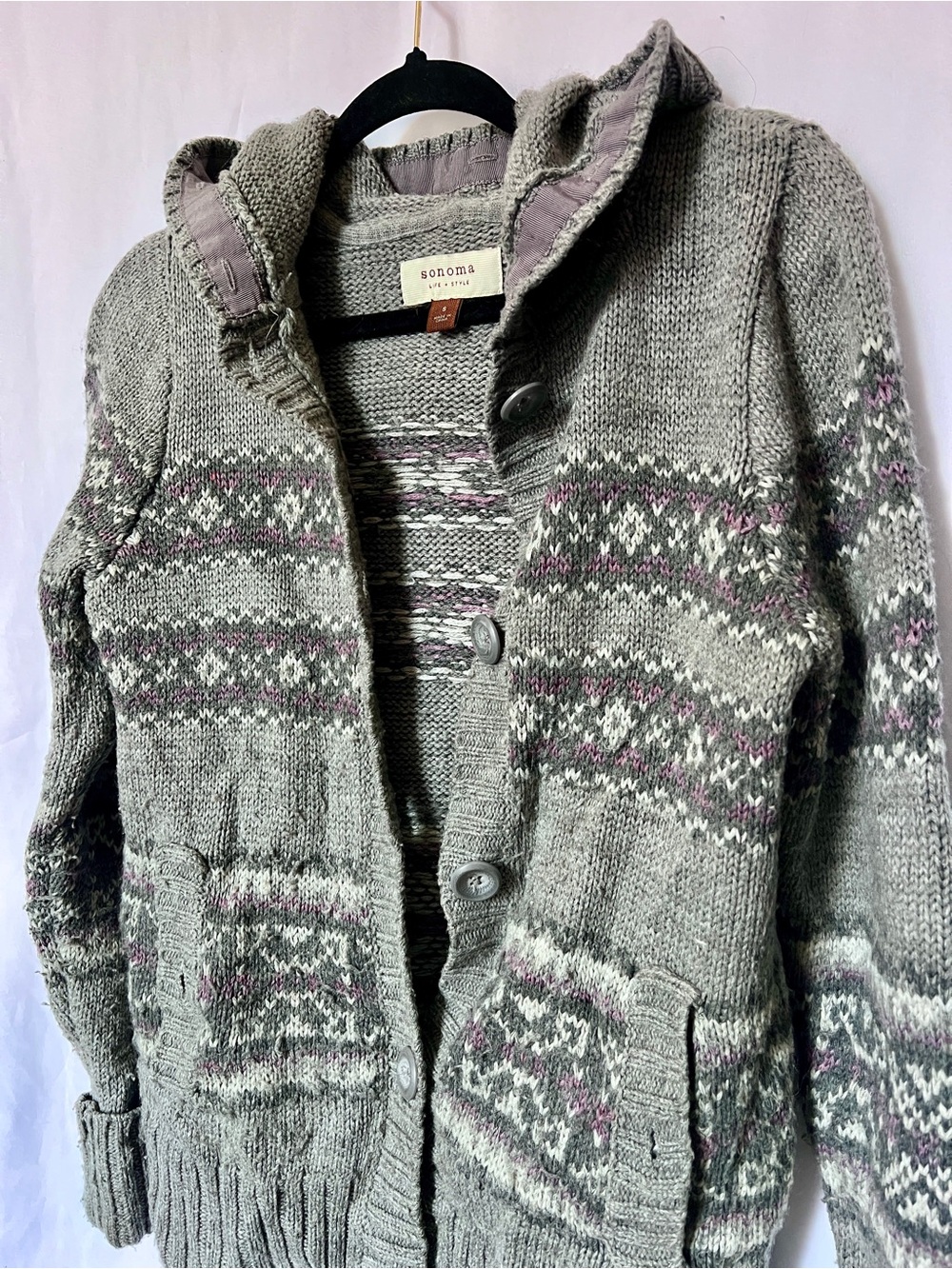 Sonoma Gray Hooded Fair Isle Button Cardigan - Picture 3 of 5